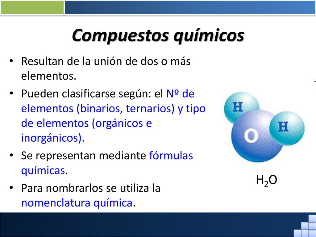 Compuestos químicos Resultan de la unión de dos o más elementos.