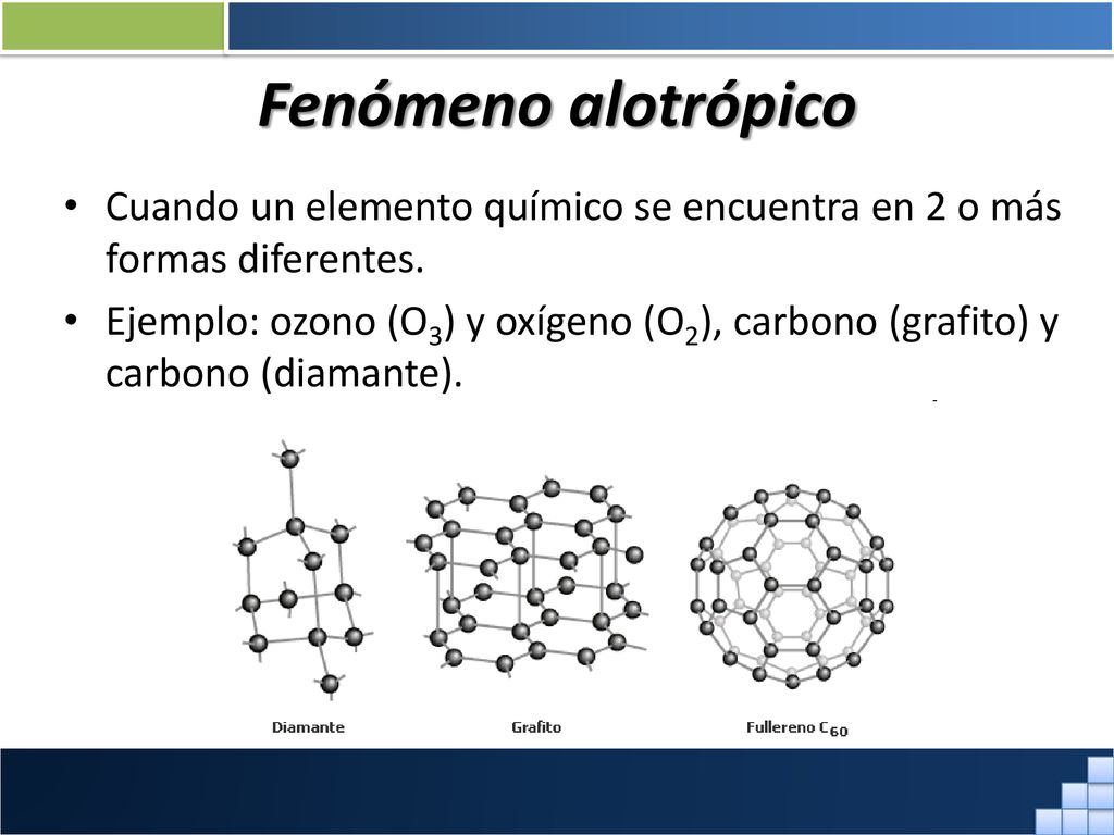 Fenómeno alotrópico Cuando un elemento químico se encuentra en 2 o más formas diferentes.
