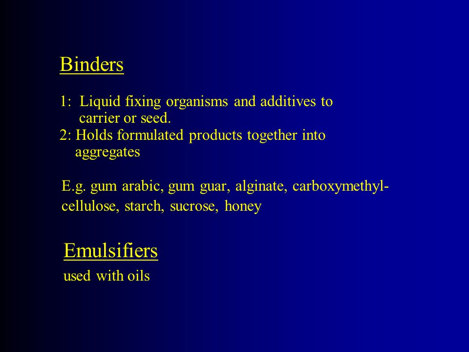 Binders 1: Liquid fixing organisms and additives to carrier or seed