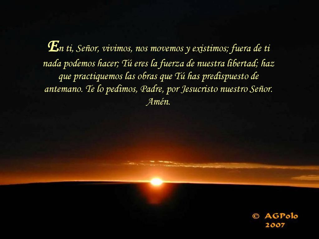 En ti, Señor, vivimos, nos movemos y existimos; fuera de ti nada podemos hacer; Tú eres la fuerza de nuestra libertad; haz que practiquemos las obras que Tú has predispuesto de antemano.