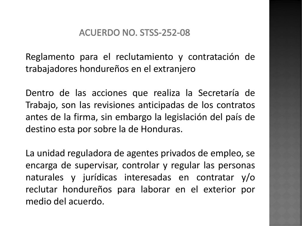 Acuerdo no. Stss Reglamento para el reclutamiento y contratación de trabajadores hondureños en el extranjero.