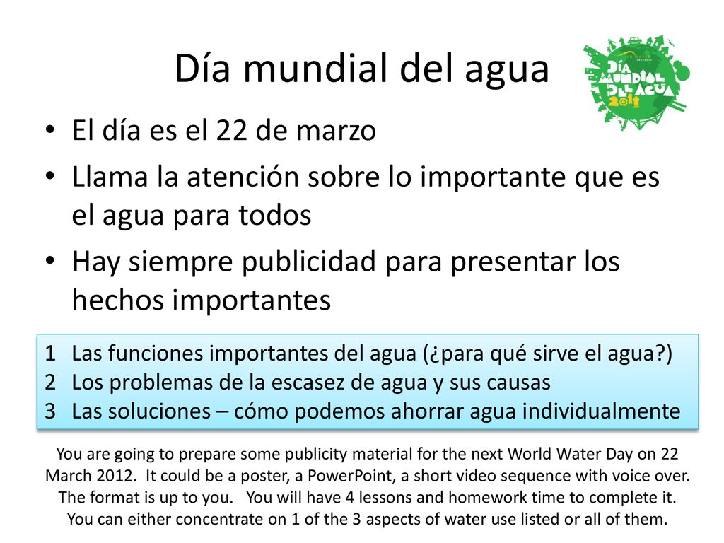 Día mundial del agua El día es el 22 de marzo
