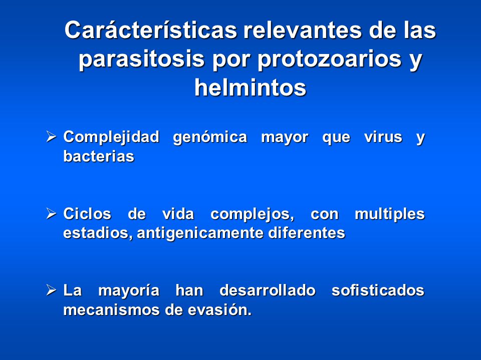 Carácterísticas relevantes de las parasitosis por protozoarios y helmintos