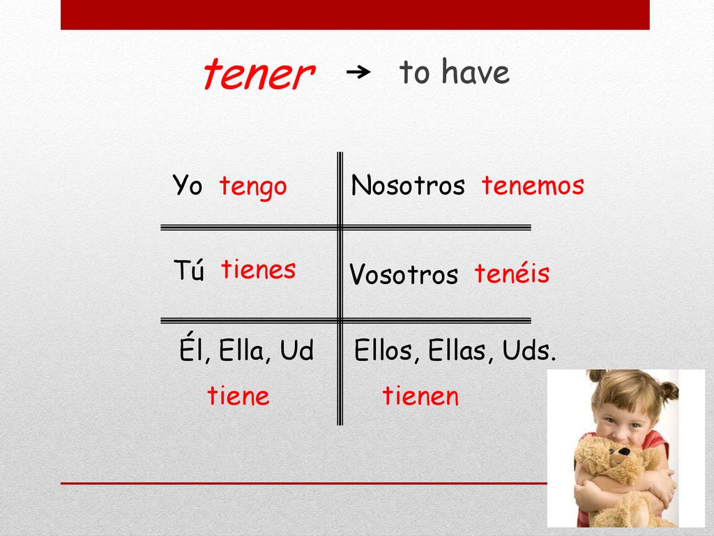 tener to have Yo tengo Nosotros tenemos Tú tienes Vosotros tenéis