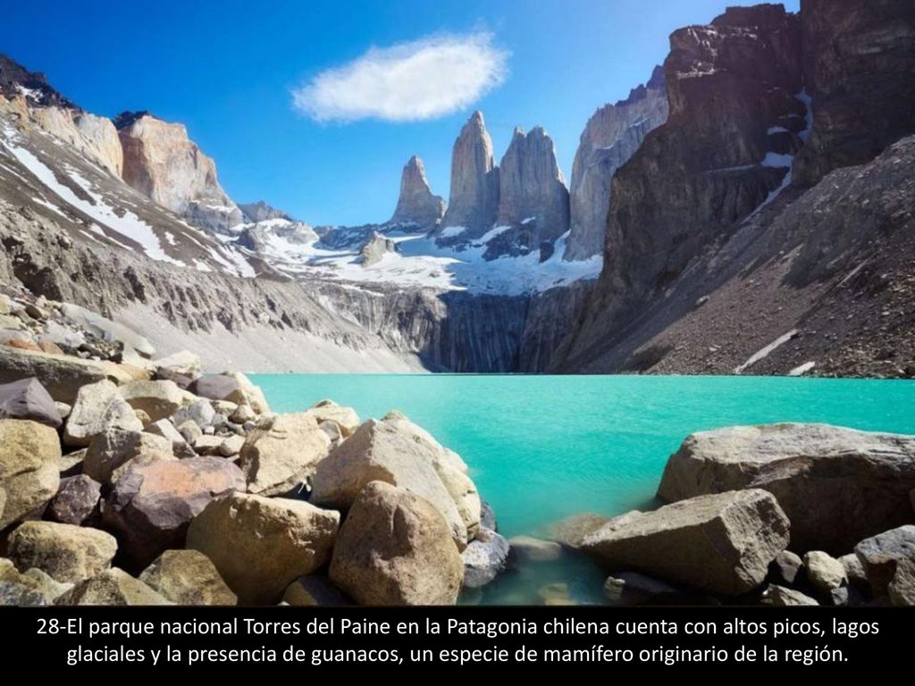 28-El parque nacional Torres del Paine en la Patagonia chilena cuenta con altos picos, lagos glaciales y la presencia de guanacos, un especie de mamífero originario de la región.