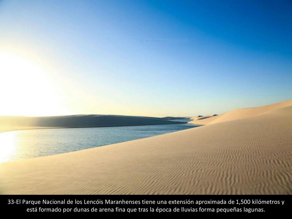 33-El Parque Nacional de los Lencóis Maranhenses tiene una extensión aproximada de 1,500 kilómetros y está formado por dunas de arena fina que tras la época de lluvias forma pequeñas lagunas.