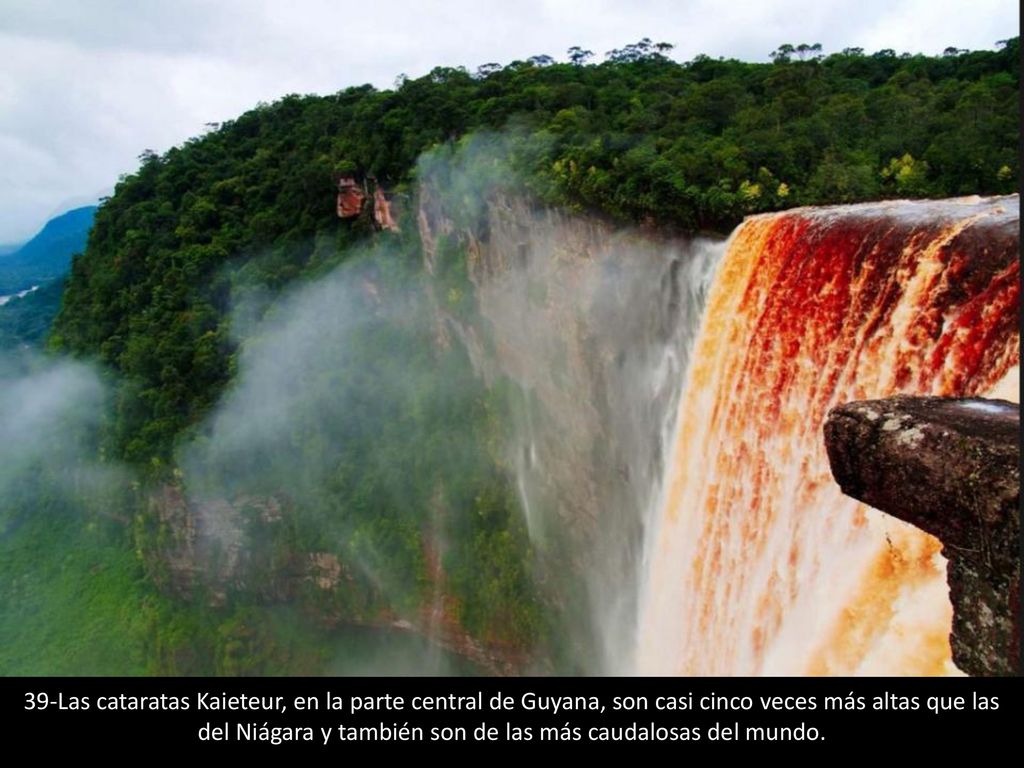 39-Las cataratas Kaieteur, en la parte central de Guyana, son casi cinco veces más altas que las del Niágara y también son de las más caudalosas del mundo.