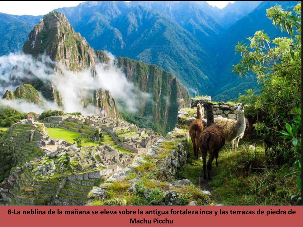8-La neblina de la mañana se eleva sobre la antigua fortaleza inca y las terrazas de piedra de Machu Picchu