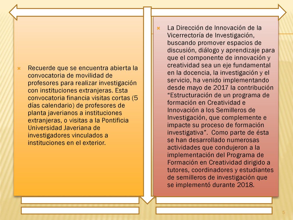 Recuerde que se encuentra abierta la convocatoria de movilidad de profesores para realizar investigación con instituciones extranjeras. Esta convocatoria financia visitas cortas (5 días calendario) de profesores de planta javerianos a instituciones extranjeras, o visitas a la Pontificia Universidad Javeriana de investigadores vinculados a instituciones en el exterior.
