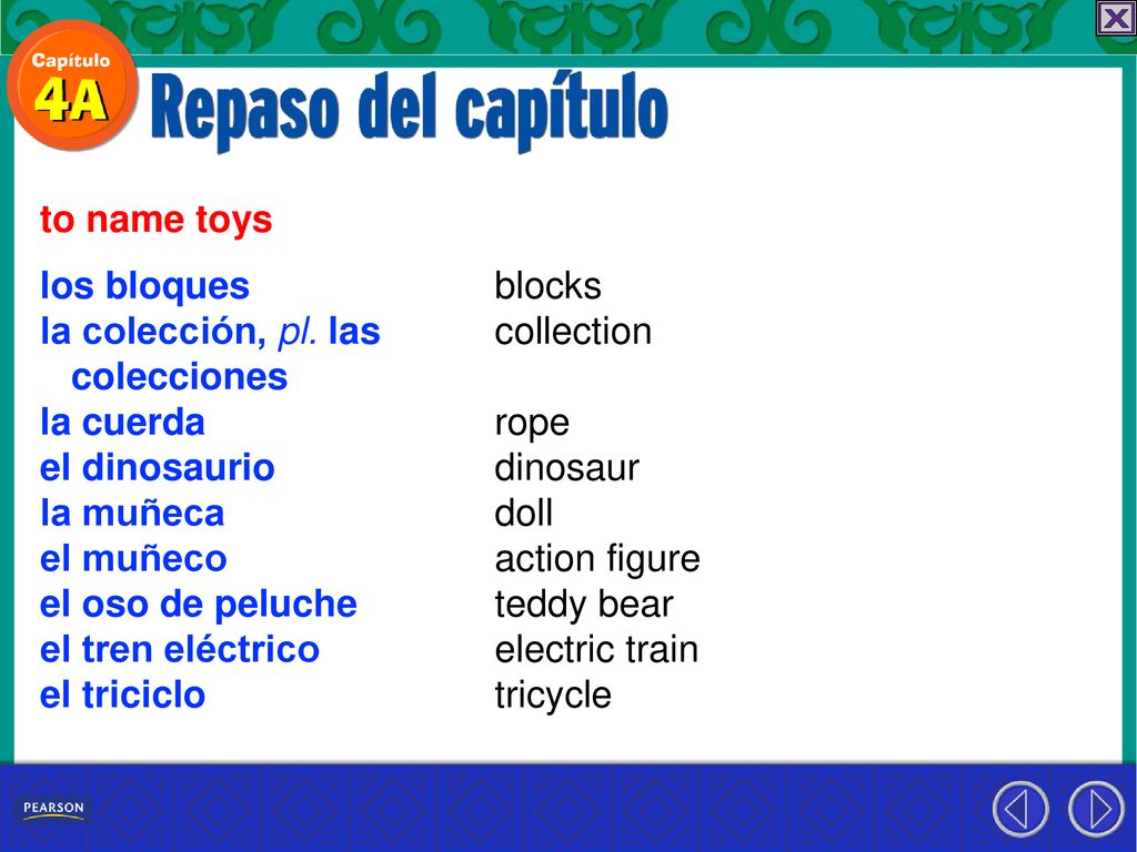 to name toys los bloques. la colección, pl. las. colecciones. la cuerda. el dinosaurio. la muñeca.