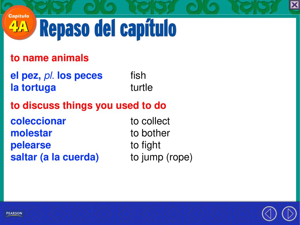 to name animals el pez, pl. los peces. la tortuga. fish. turtle. to discuss things you used to do.