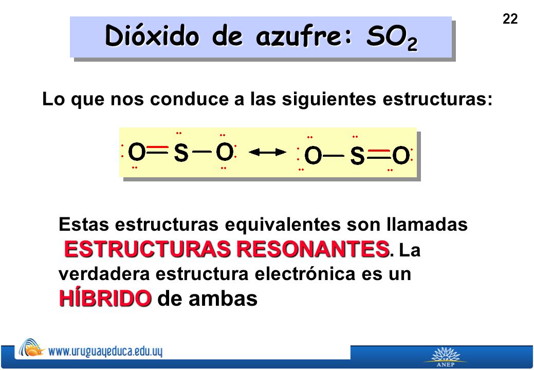Dióxido de azufre: SO2 Lo que nos conduce a las siguientes estructuras: Estas estructuras equivalentes son llamadas.