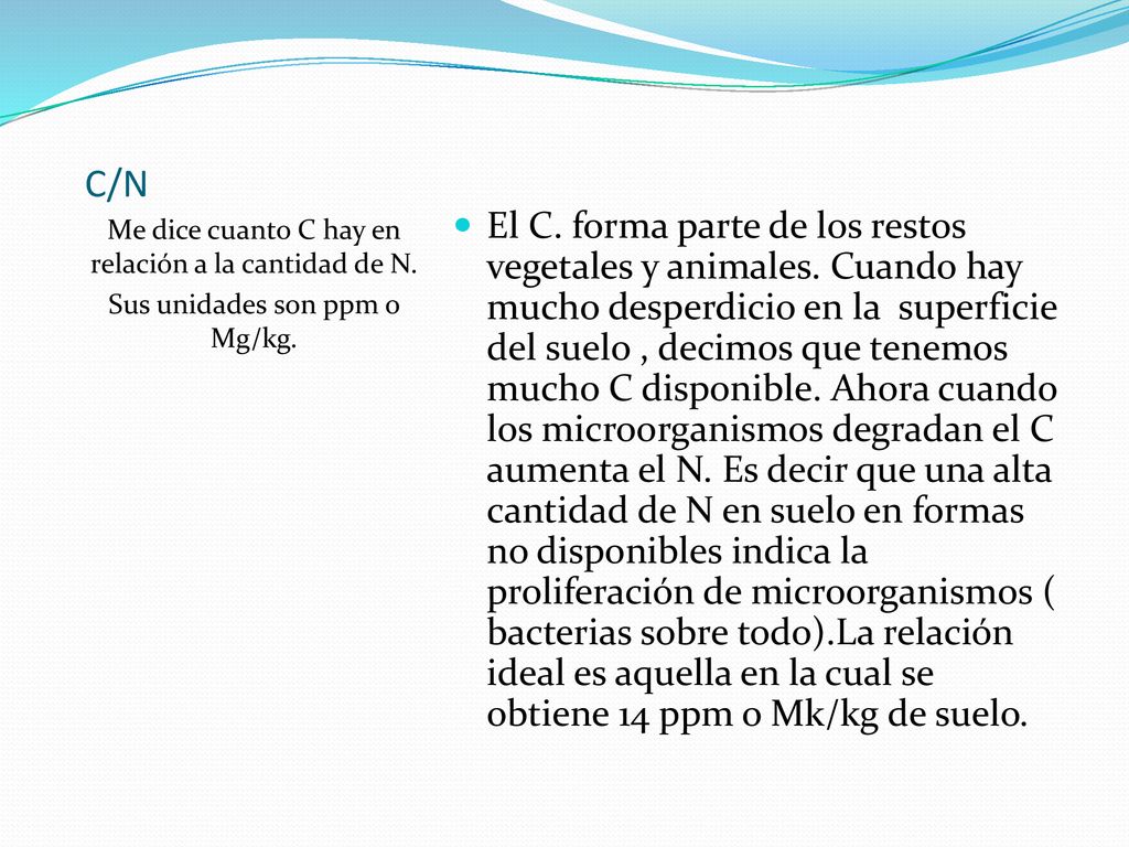 C/N Me dice cuanto C hay en relación a la cantidad de N. Sus unidades son ppm o Mg/kg.