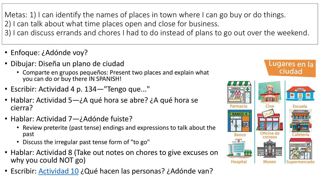 Metas: 1) I can identify the names of places in town where I can go buy or do things. 2) I can talk about what time places open and close for business. 3) I can discuss errands and chores I had to do instead of plans to go out over the weekend.