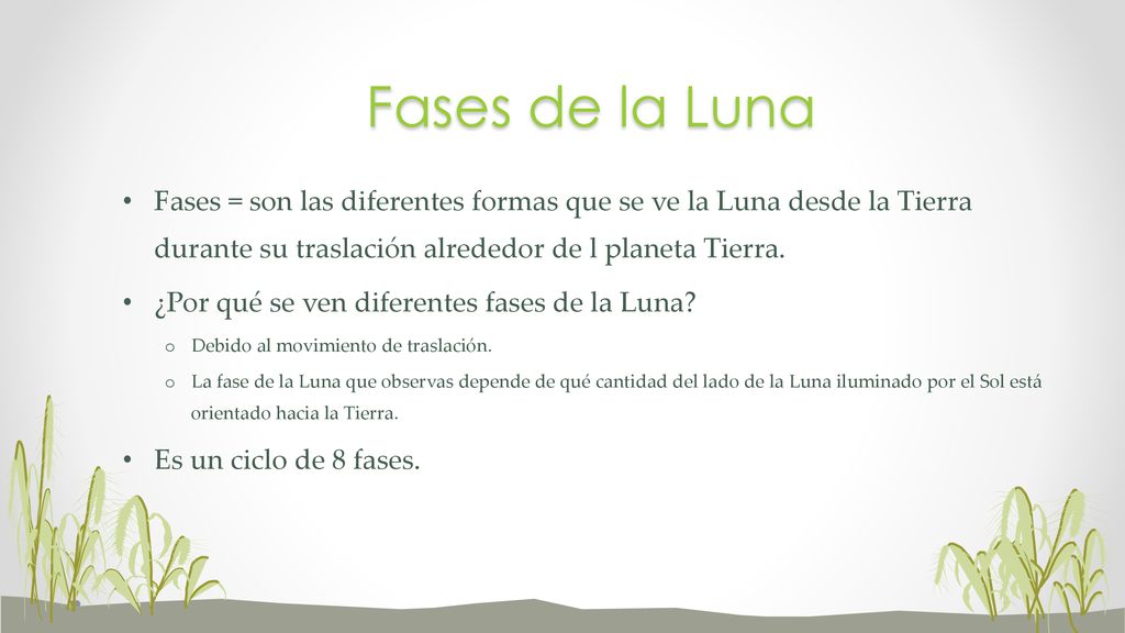 Fases de la Luna Fases = son las diferentes formas que se ve la Luna desde la Tierra durante su traslación alrededor de l planeta Tierra.