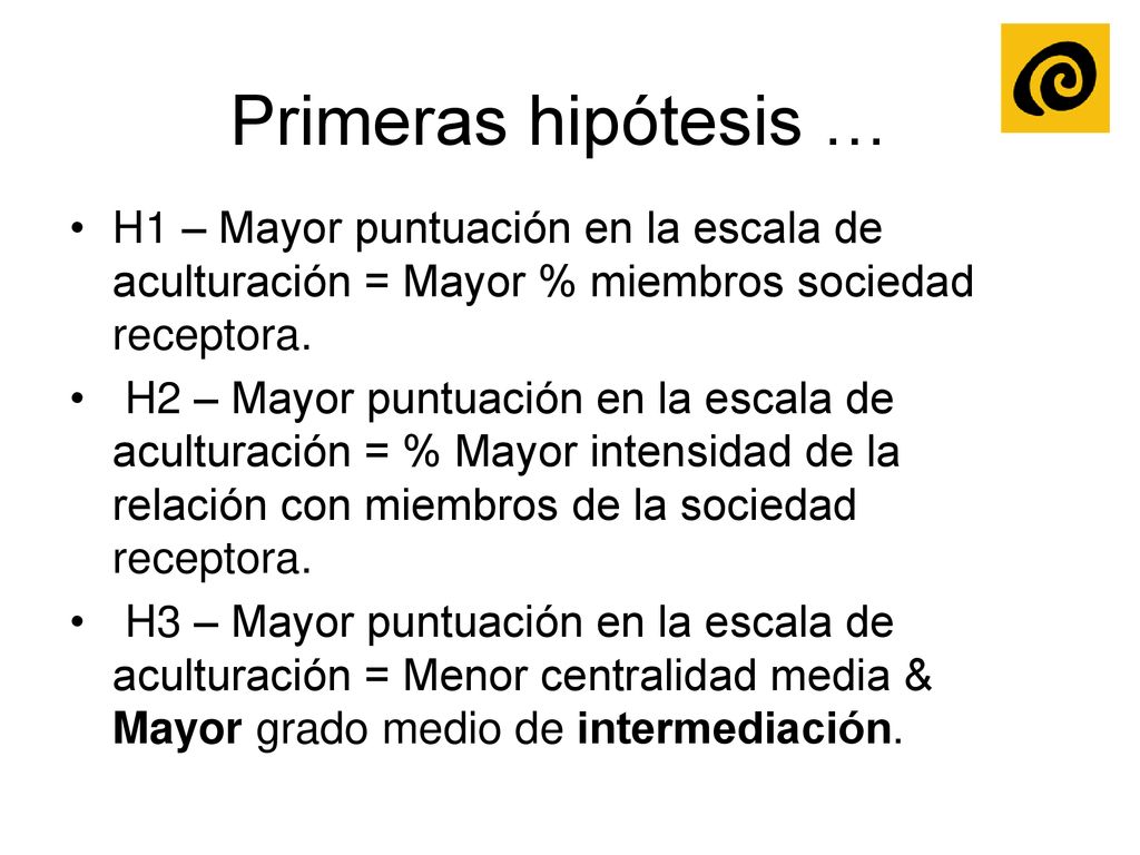 Primeras hipótesis … H1 – Mayor puntuación en la escala de aculturación = Mayor % miembros sociedad receptora.
