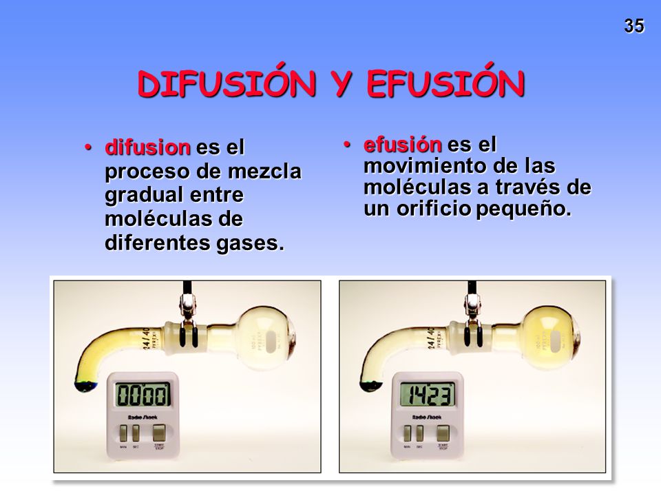 DIFUSIÓN Y EFUSIÓN difusion es el proceso de mezcla gradual entre moléculas de diferentes gases.
