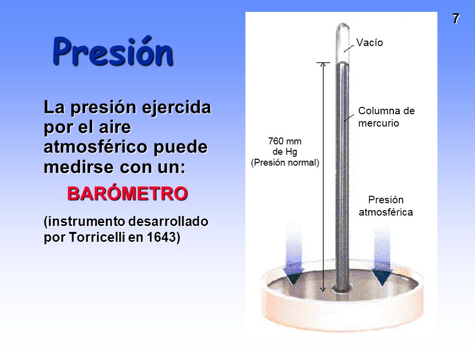 Presión La presión ejercida por el aire atmosférico puede medirse con un: BARÓMETRO.