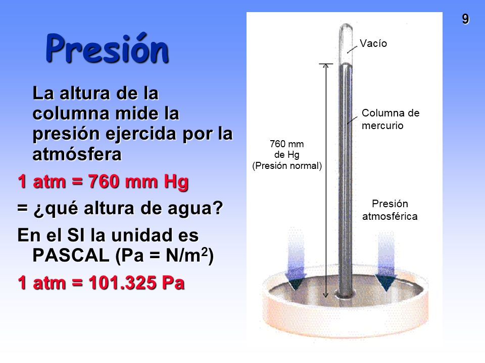 Presión La altura de la columna mide la presión ejercida por la atmósfera. 1 atm = 760 mm Hg. = ¿qué altura de agua