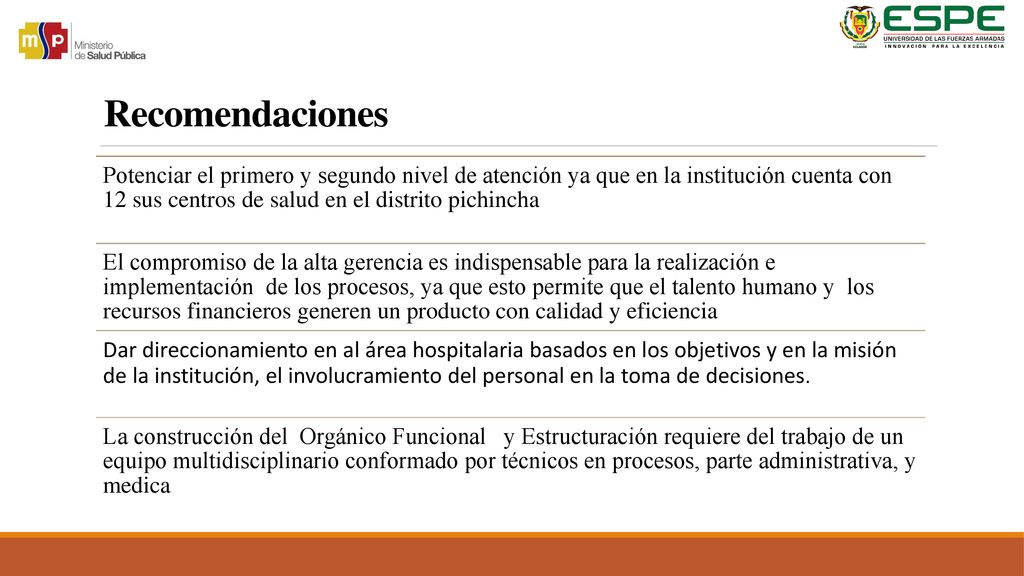 Recomendaciones Potenciar el primero y segundo nivel de atención ya que en la institución cuenta con 12 sus centros de salud en el distrito pichincha.