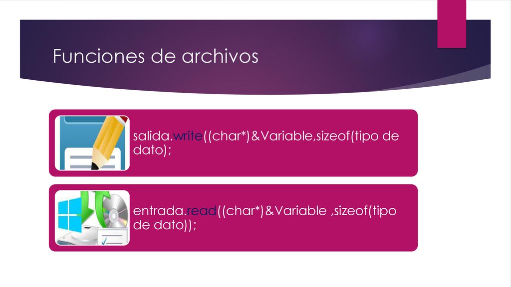 Funciones de archivos salida.write((char*)&Variable,sizeof(tipo de dato); entrada.read((char*)&Variable ,sizeof(tipo de dato));