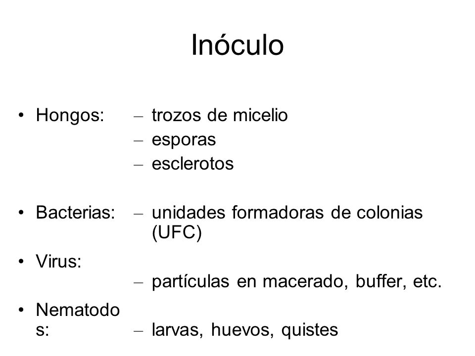 Inóculo Hongos: Bacterias: Virus: Nematodos: trozos de micelio esporas
