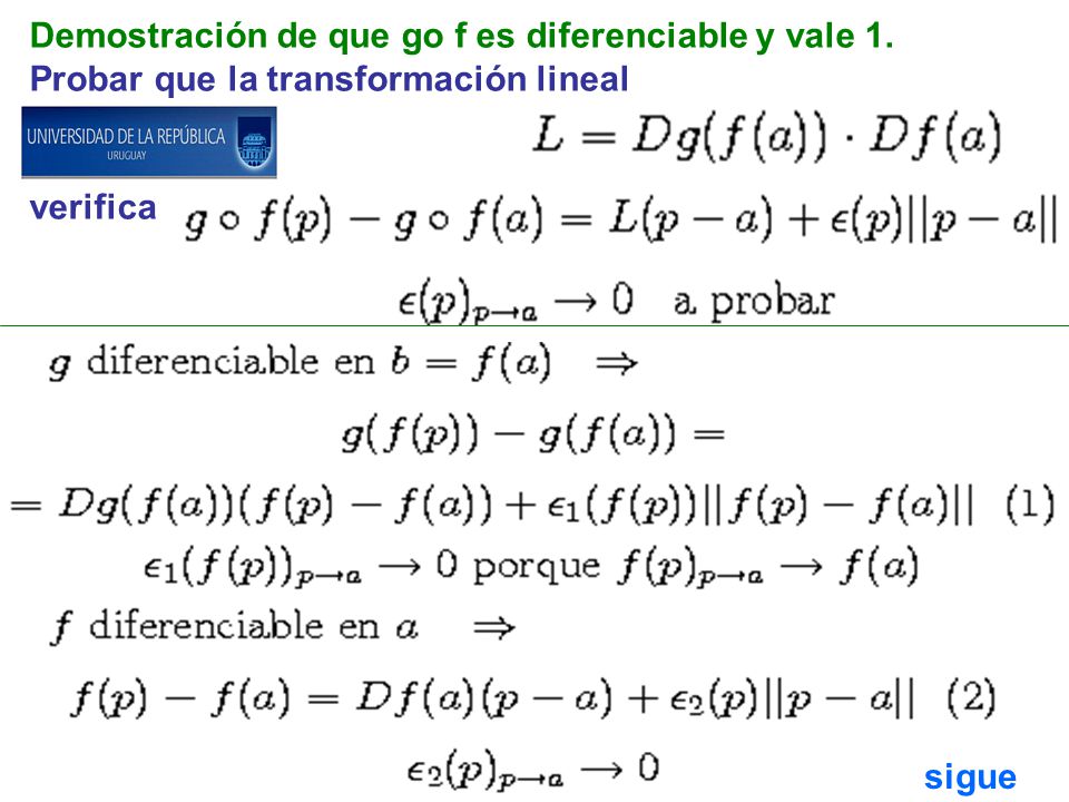 Demostración de que go f es diferenciable y vale 1.