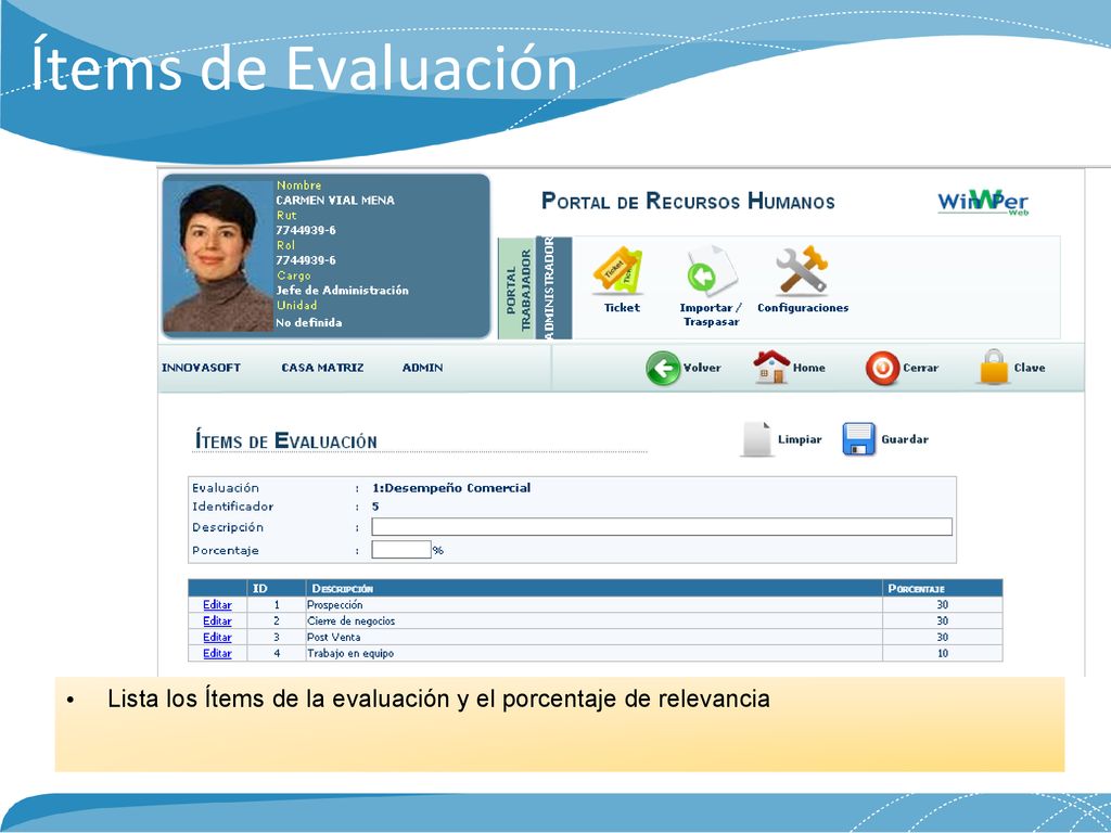 Ítems de Evaluación Lista los Ítems de la evaluación y el porcentaje de relevancia