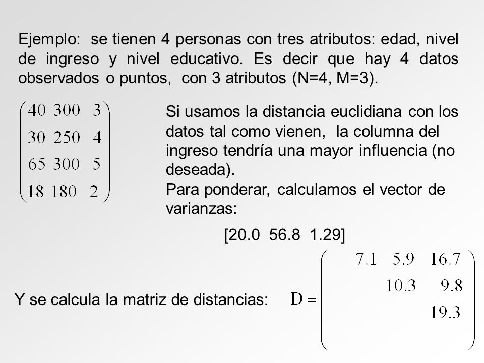 Ejemplo: se tienen 4 personas con tres atributos: edad, nivel de ingreso y nivel educativo. Es decir que hay 4 datos observados o puntos, con 3 atributos (N=4, M=3).