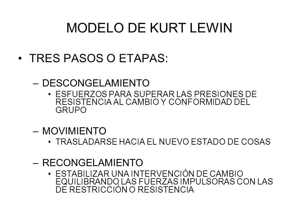 MODELO DE KURT LEWIN TRES PASOS O ETAPAS: DESCONGELAMIENTO MOVIMIENTO