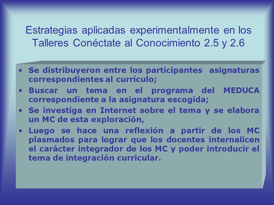 Estrategias aplicadas experimentalmente en los Talleres Conéctate al Conocimiento 2.5 y 2.6