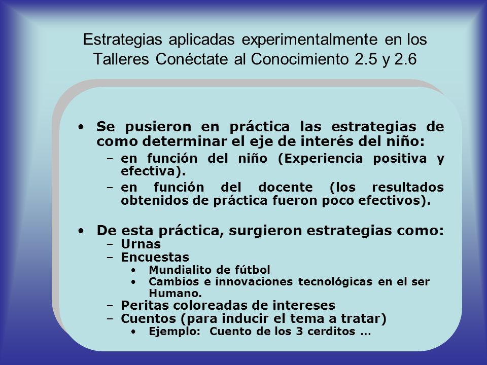 Estrategias aplicadas experimentalmente en los Talleres Conéctate al Conocimiento 2.5 y 2.6