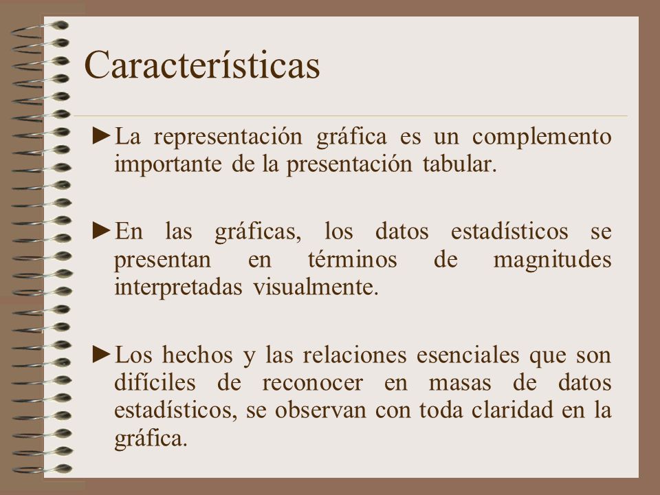 Características La representación gráfica es un complemento importante de la presentación tabular.