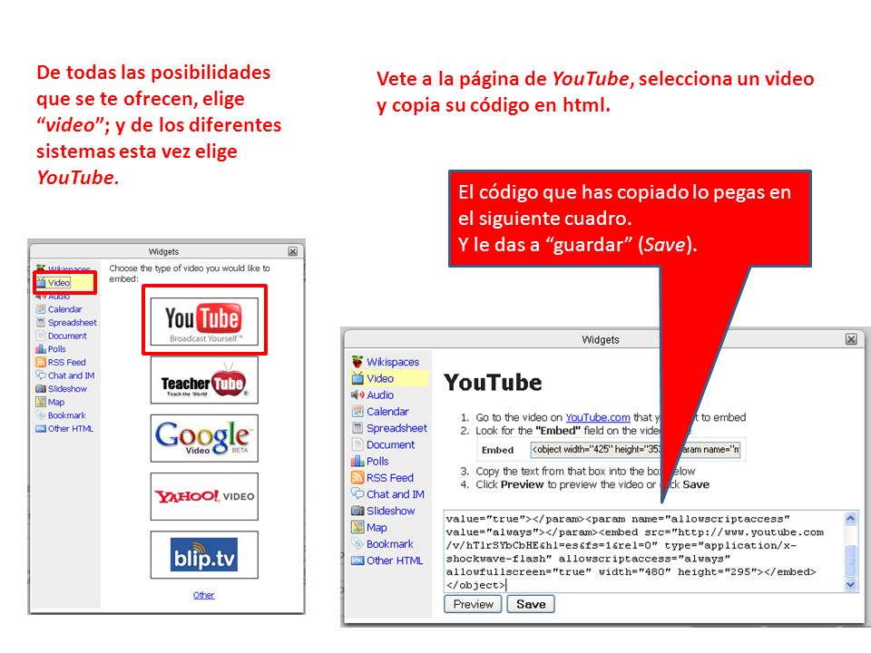 De todas las posibilidades que se te ofrecen, elige video ; y de los diferentes sistemas esta vez elige YouTube.