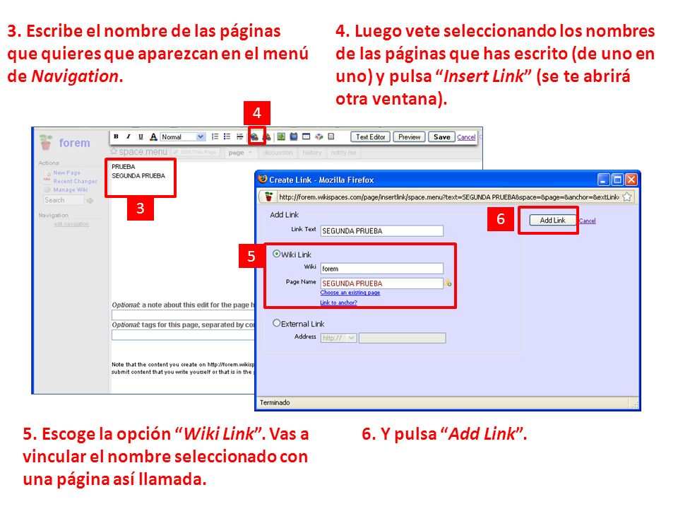 3. Escribe el nombre de las páginas que quieres que aparezcan en el menú de Navigation.