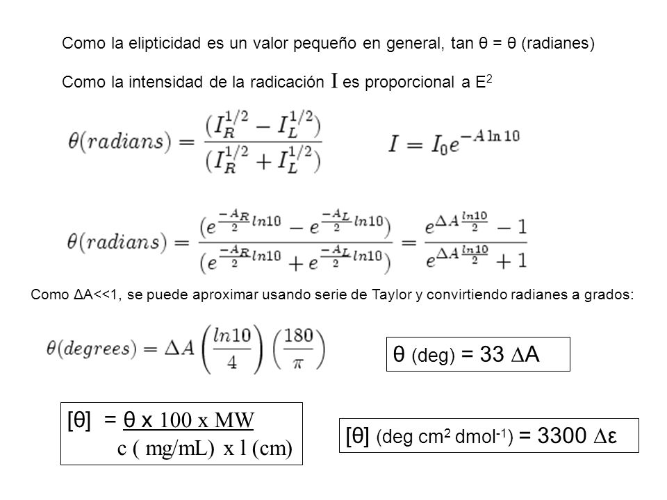 θ (deg) = 33 DA [θ] = θ x 100 x MW c ( mg/mL) x l (cm)