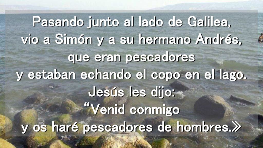Pasando junto al lado de Galilea, vio a Simón y a su hermano Andrés, que eran pescadores y estaban echando el copo en el lago.