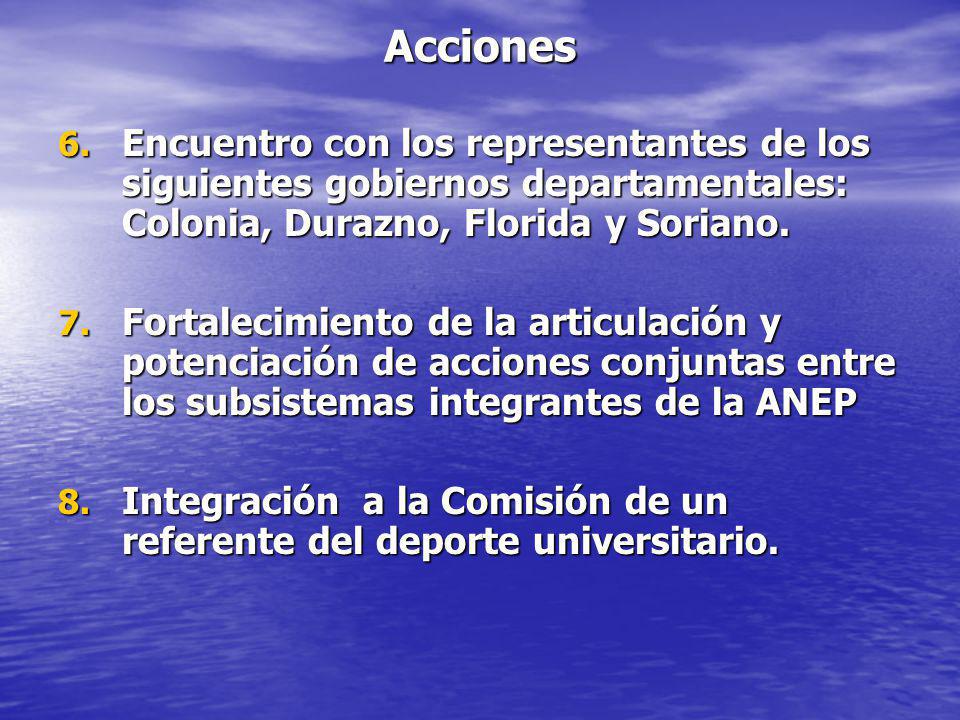 Acciones Encuentro con los representantes de los siguientes gobiernos departamentales: Colonia, Durazno, Florida y Soriano.