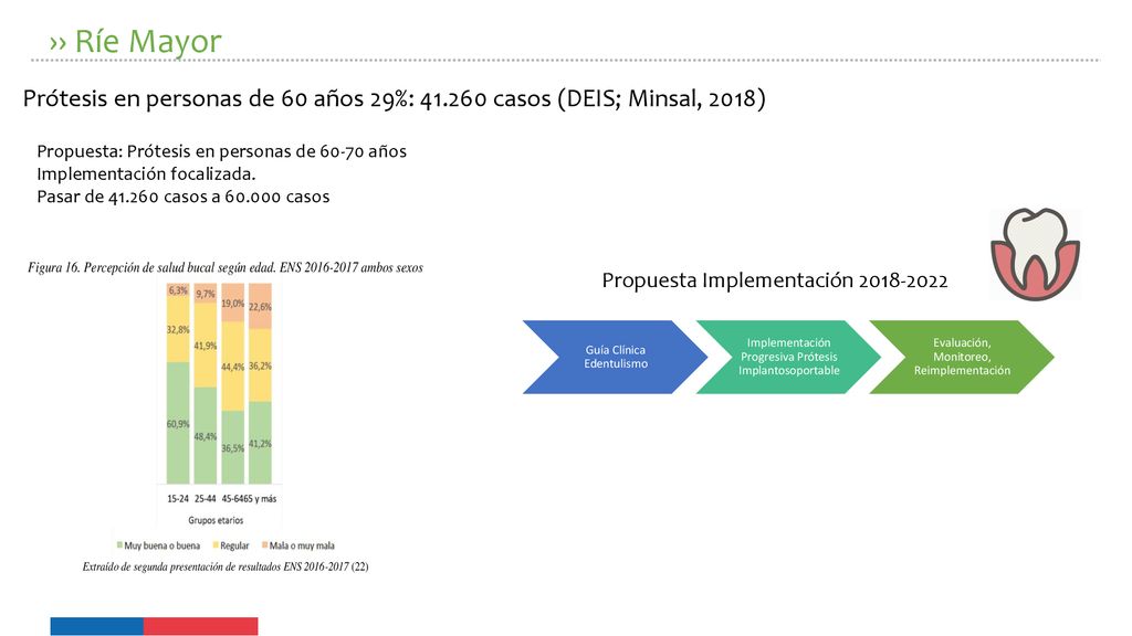 ›› Ríe Mayor Prótesis en personas de 60 años 29%: casos (DEIS; Minsal, 2018) Propuesta: Prótesis en personas de años.