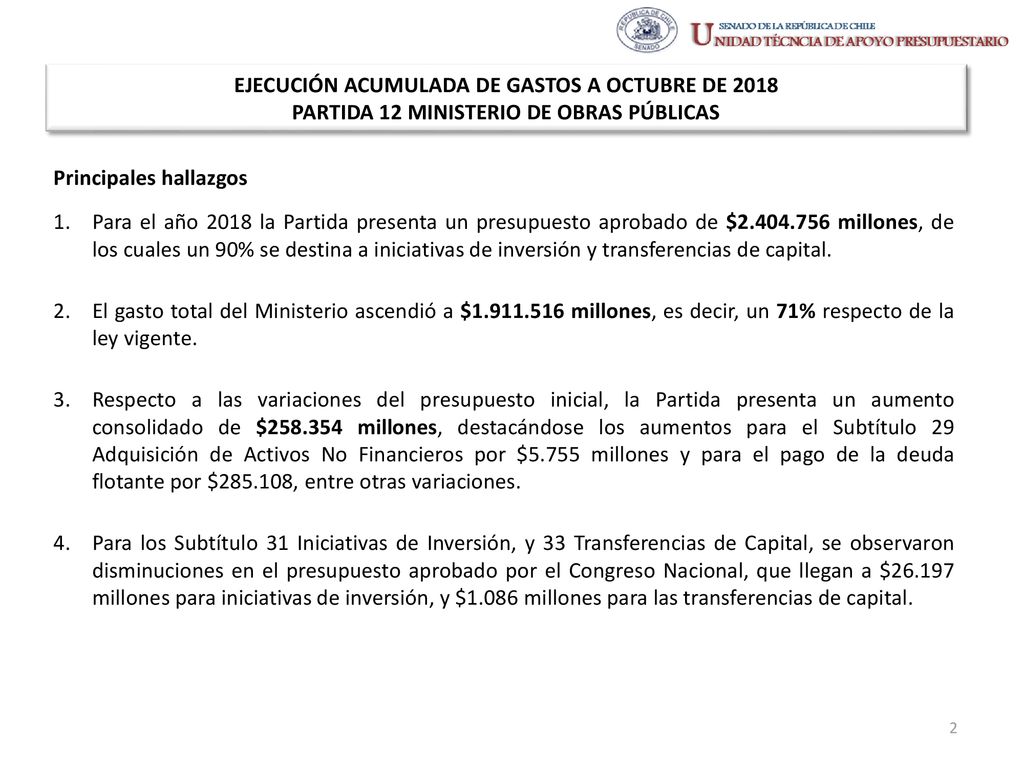EJECUCIÓN ACUMULADA DE GASTOS A OCTUBRE DE 2018 PARTIDA 12 MINISTERIO DE OBRAS PÚBLICAS