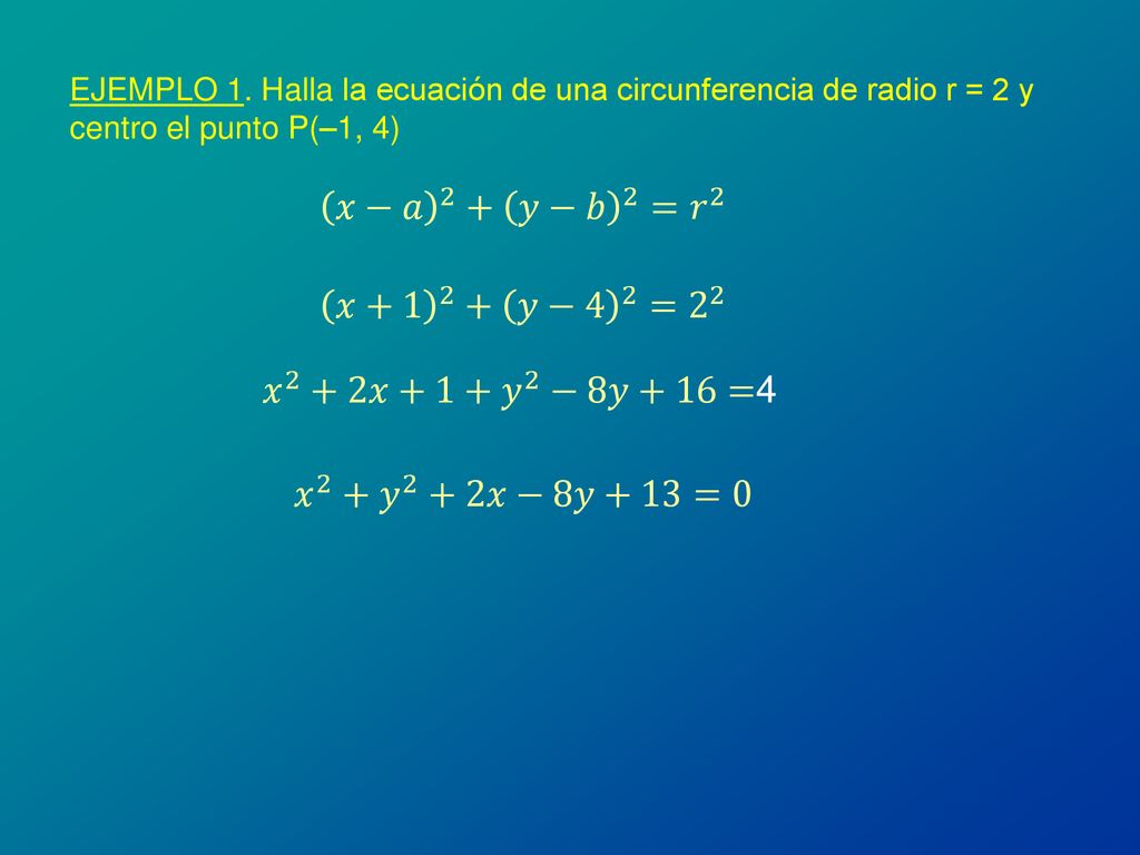 𝑥−𝑎 2 + 𝑦−𝑏 2 = 𝑟 2 𝑥 𝑦−4 2 = 2 2 𝑥 2 +2𝑥+1+ 𝑦 2 −8𝑦+16=4