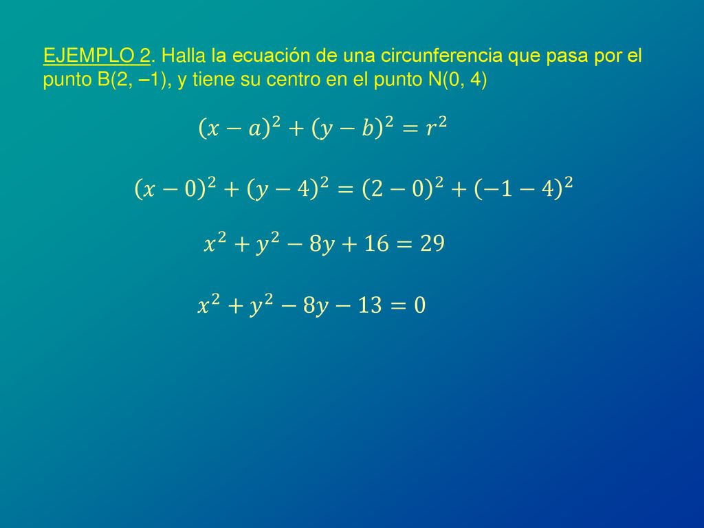 𝑥−𝑎 2 + 𝑦−𝑏 2 = 𝑟 2 𝑥−0 2 + 𝑦−4 2 = 2−0 2 + −1−4 2 𝑥 2 + 𝑦 2 −8𝑦+16=29