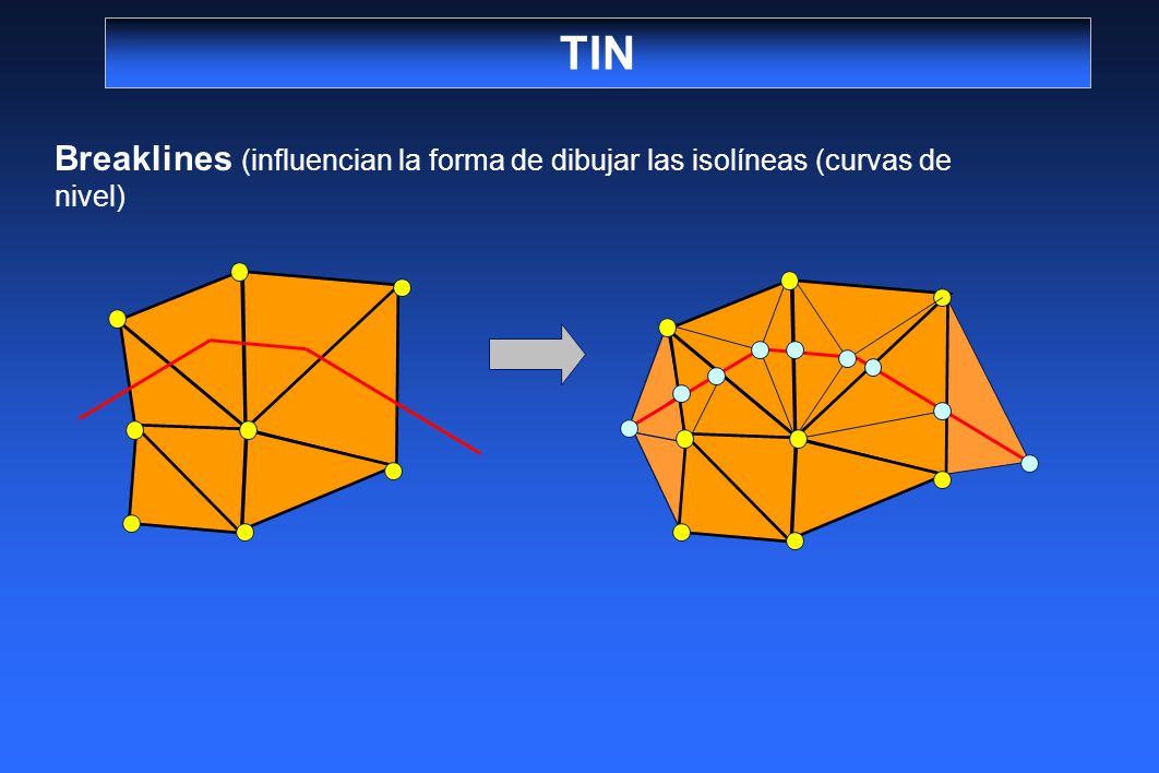 TIN Breaklines (influencian la forma de dibujar las isolíneas (curvas de nivel)