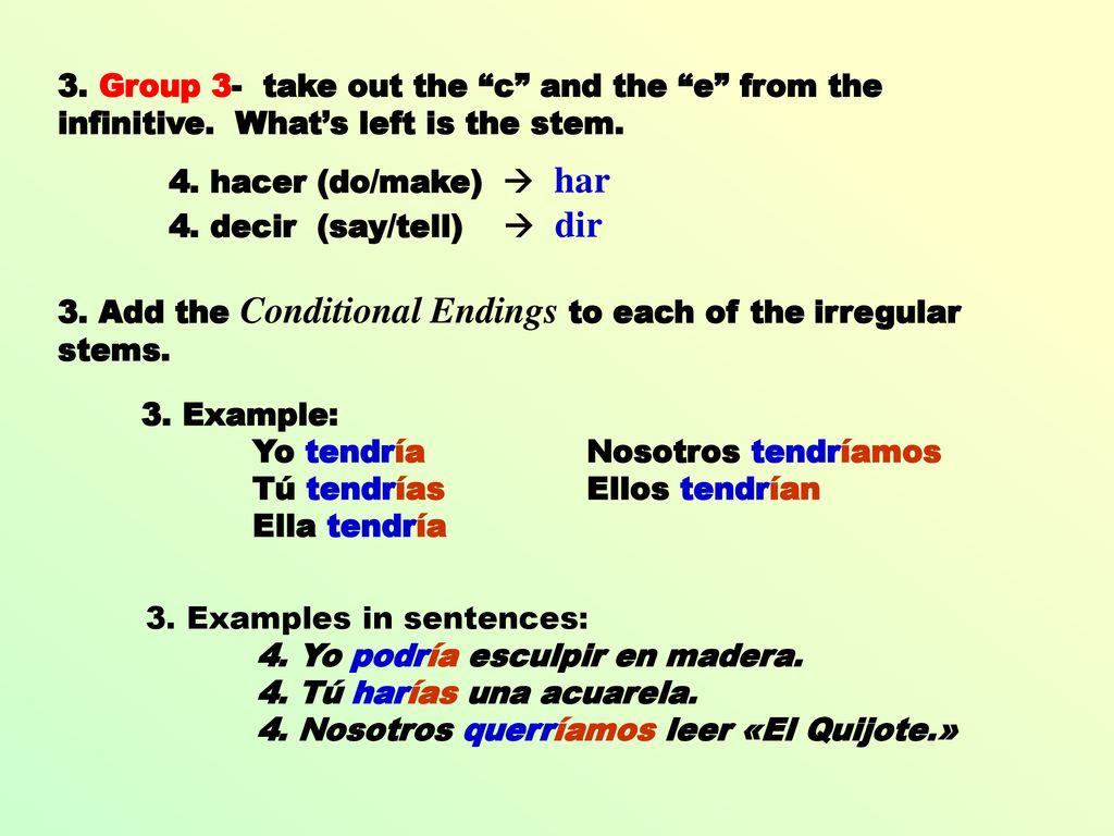 3. Group 3- take out the c and the e from the infinitive