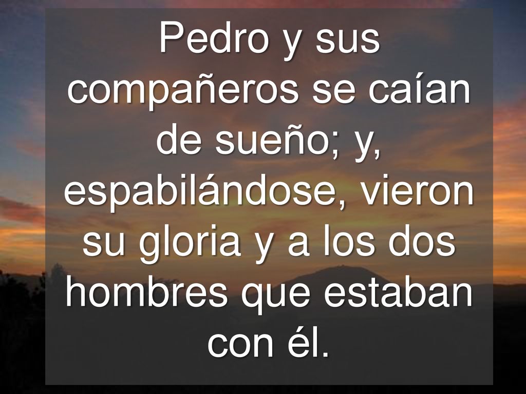 Pedro y sus compañeros se caían de sueño; y, espabilándose, vieron su gloria y a los dos hombres que estaban con él.