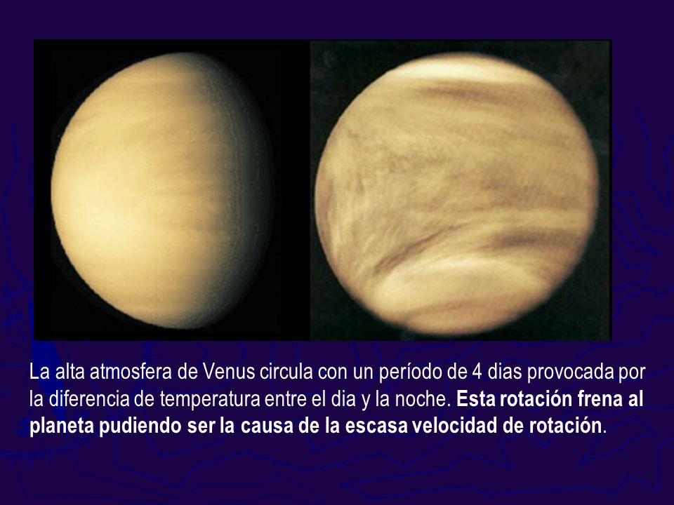 La alta atmosfera de Venus circula con un período de 4 dias provocada por la diferencia de temperatura entre el dia y la noche.