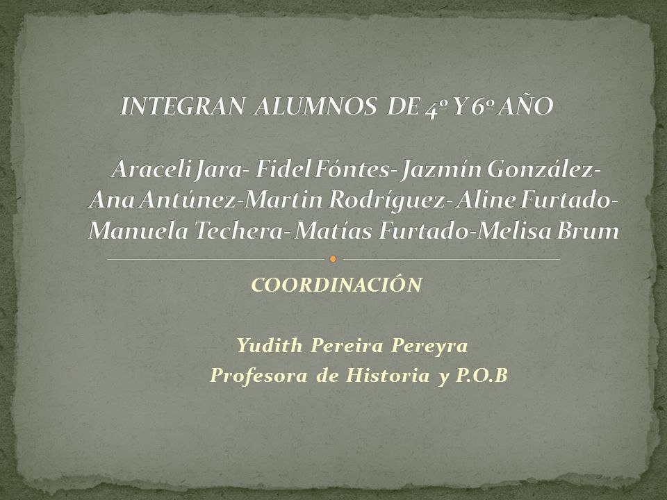 COORDINACIÓN Yudith Pereira Pereyra Profesora de Historia y P.O.B