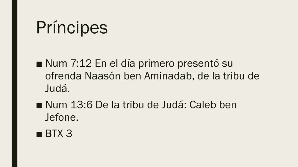 Príncipes Num 7:12 En el día primero presentó su ofrenda Naasón ben Aminadab, de la tribu de Judá.