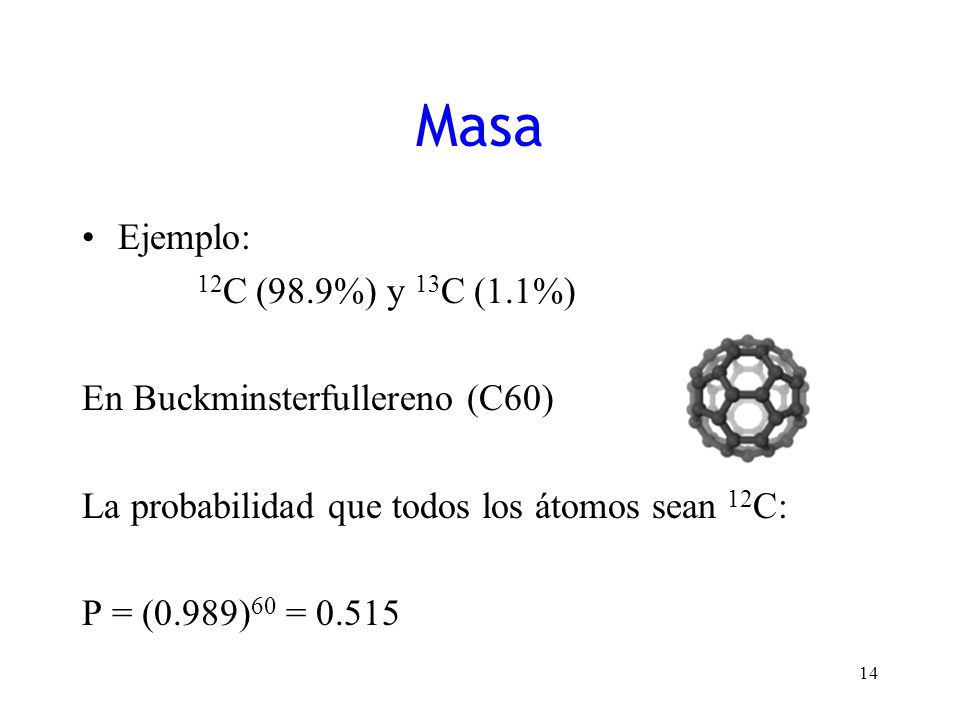 Masa Ejemplo: 12C (98.9%) y 13C (1.1%) En Buckminsterfullereno (C60)