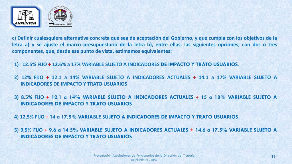 c) Definir cualesquiera alternativa concreta que sea de aceptación del Gobierno, y que cumpla con los objetivos de la letra a) y se ajuste el marco presupuestario de la letra b), entre ellas, las siguientes opciones, con dos o tres componentes, que, desde ese punto de vista, estimamos equivalentes: